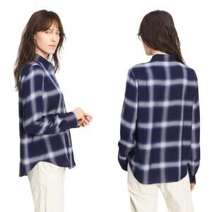Vince Soft Relaxed Brushed Plaid Button Down Long Sleeve Top Blue White Small